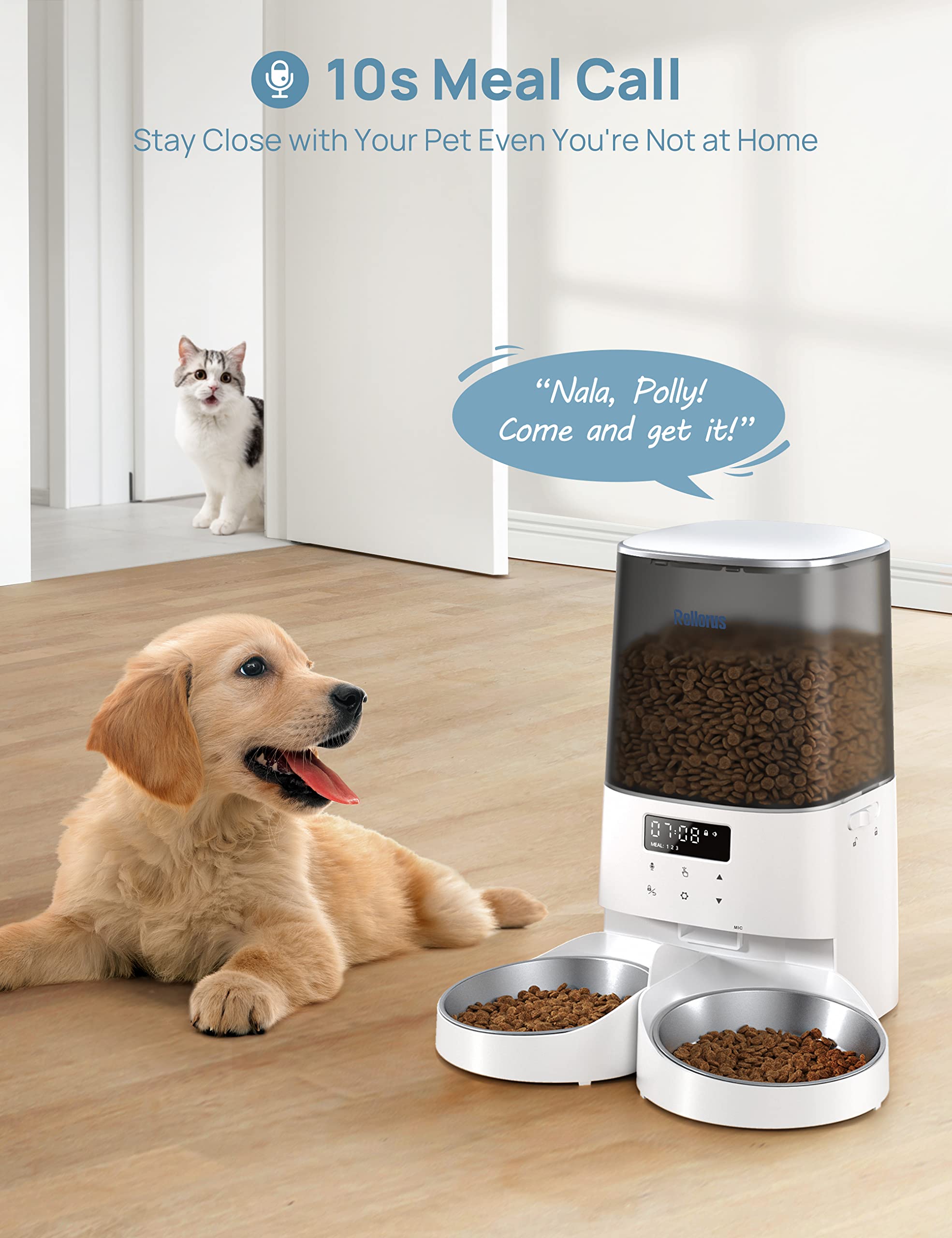 Rellorus 5L Automatic Cat Feeder for 2 Cats & Small and medium-sized dogs – Timed Food Dispenser with Double Bowls, Memory Function & 48 Portions (6 Meals/Day)