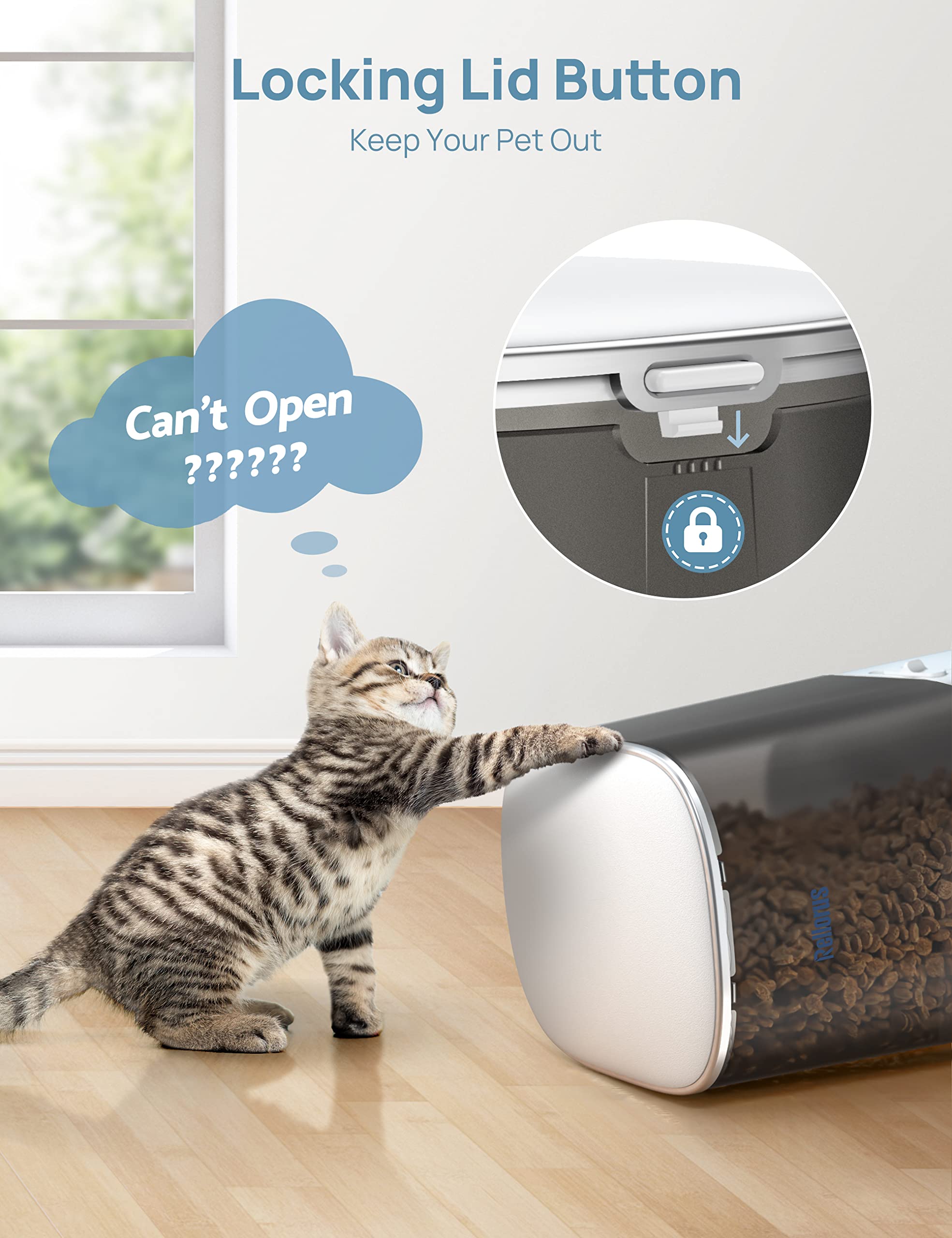 Rellorus 5L Automatic Cat Feeder for 2 Cats & Small and medium-sized dogs – Timed Food Dispenser with Double Bowls, Memory Function & 48 Portions (6 Meals/Day)